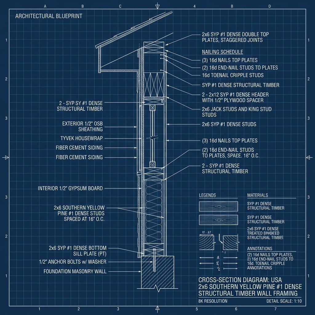 USA 2x6 Southern Yellow Pine #1 Dense Wall Framing Blueprint Schematic | Six Senses Builders