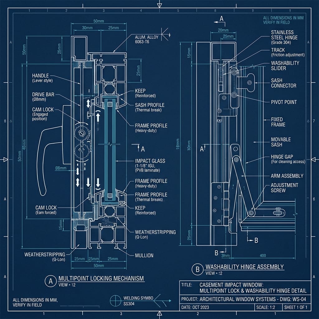 Architectural Casement Multipoint Cam-Lock Gear Blueprint Schematic | Six Senses Builders
