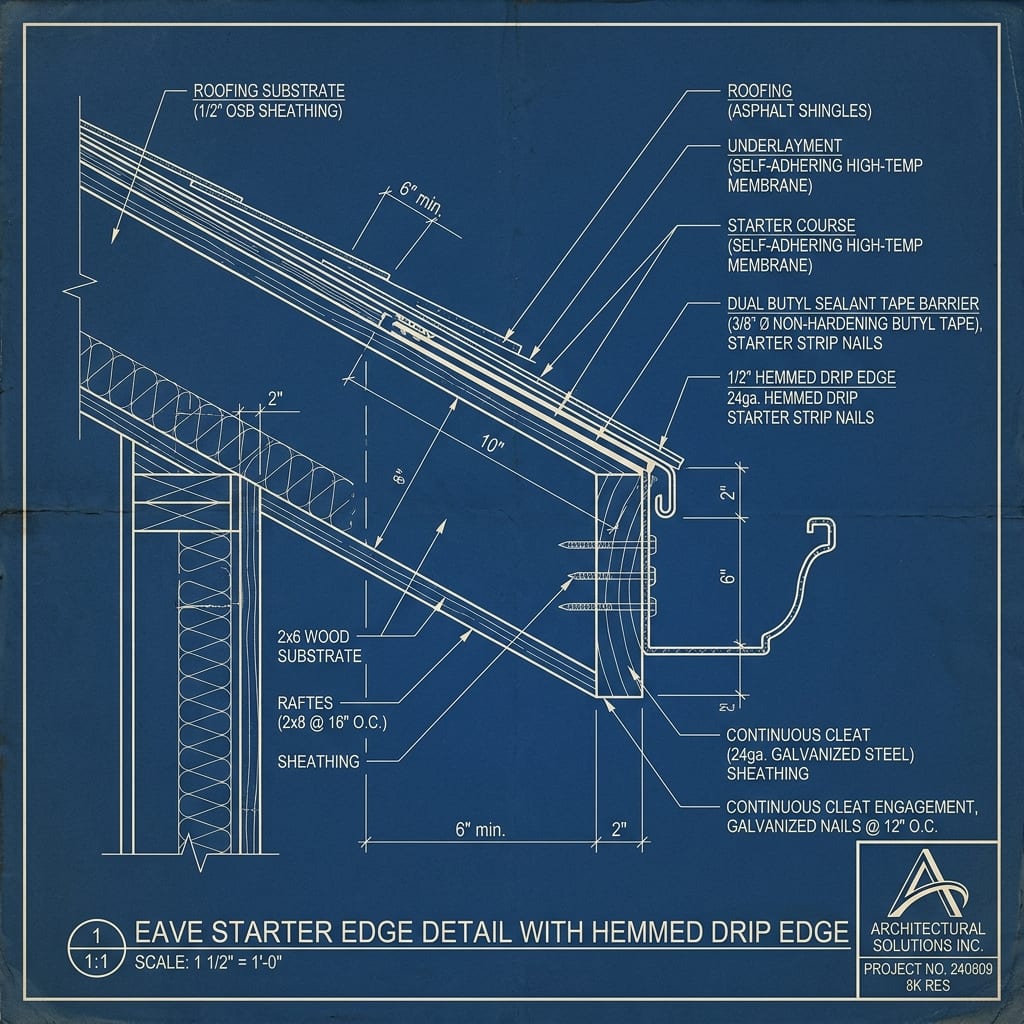 Eaves Starter Drip Edge with Continuous Hemmed Cleat Blueprint Schematic | Six Senses Builders