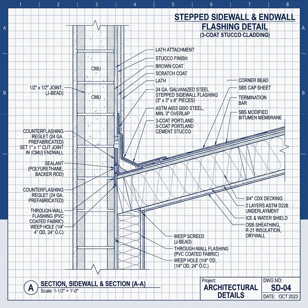 Stepped Sidewall & Endwall Counterflashing Behind Stucco Blueprint Schematic | Six Senses Builders
