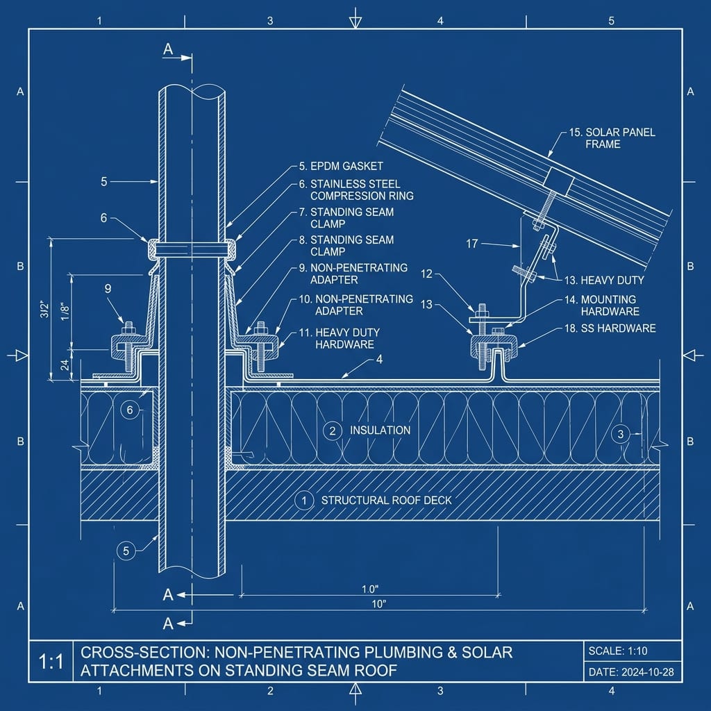 Non-Penetrating Solar Bracket & Pipe Boot Clamps Blueprint Schematic | Six Senses Builders