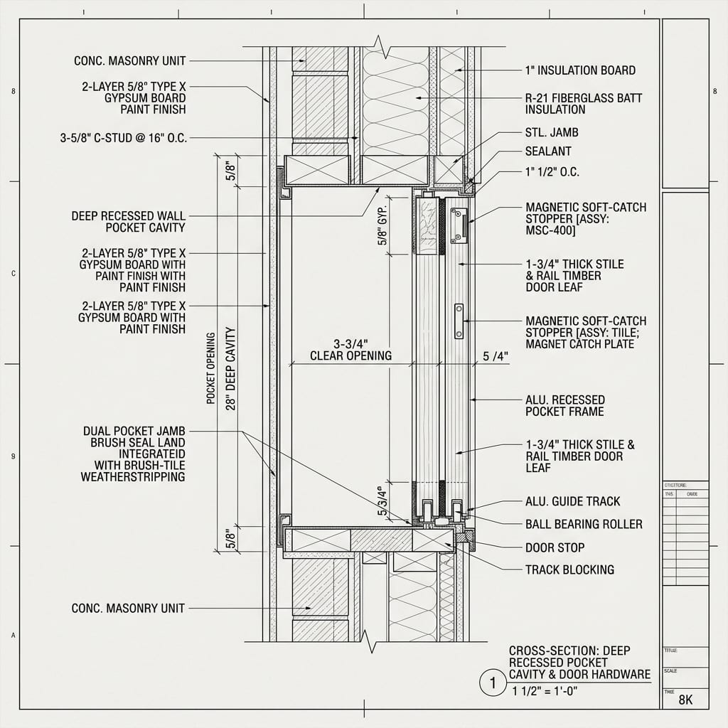 Deep Recessed Wall Pocket Enclosure with Brush Seals Blueprint Schematic | Six Senses Builders