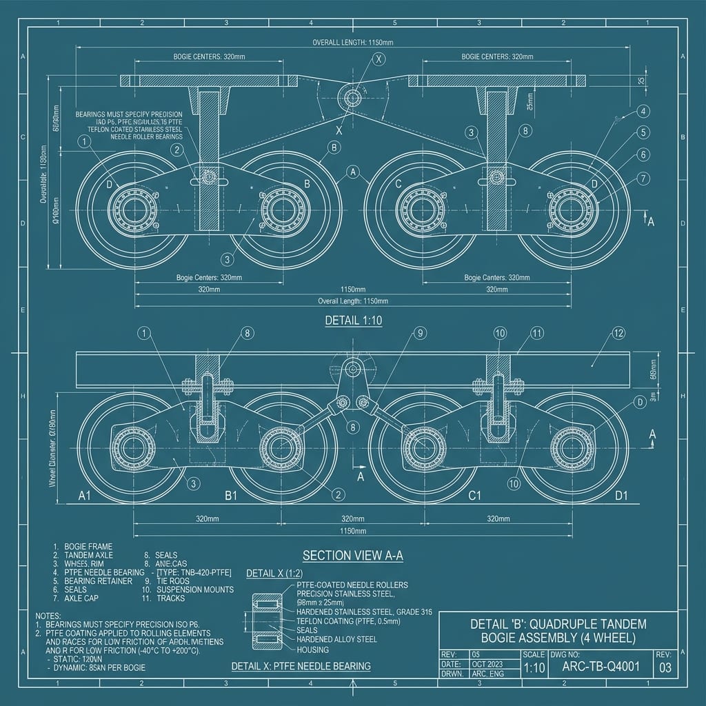Quadruple Tandem Bogie Rollers with Teflon Needle Bearings Blueprint Schematic | Six Senses Builders