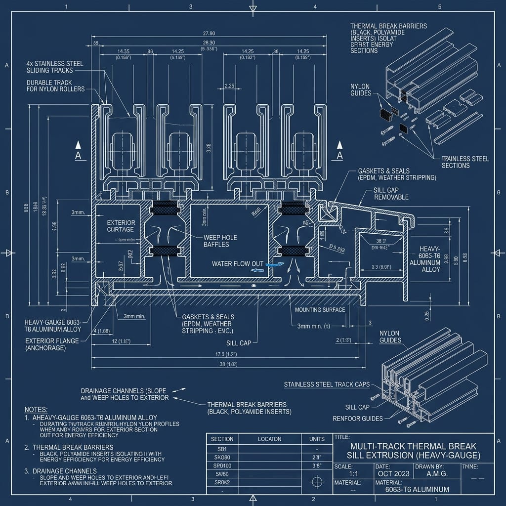 Multi-Track Thermal Sill Extrusion with Weep Baffles Blueprint Schematic | Six Senses Builders