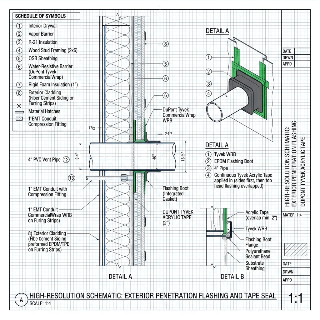 Exterior Wall Pipe & Conduit Flashing Boot Assembly Blueprint Schematic | Six Senses Builders