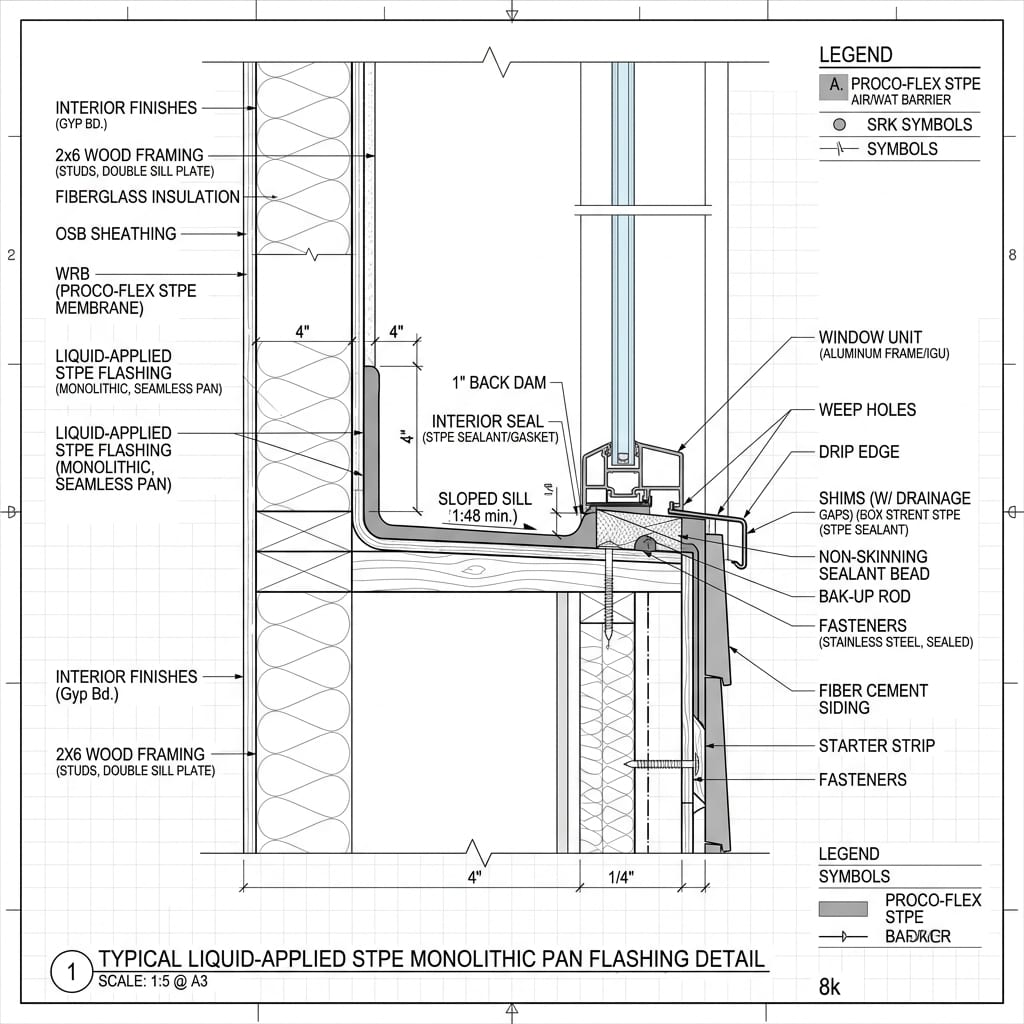 Liquid-Applied STPE Monolithic Waterproof Window Sill Pan Blueprint Schematic | Six Senses Builders